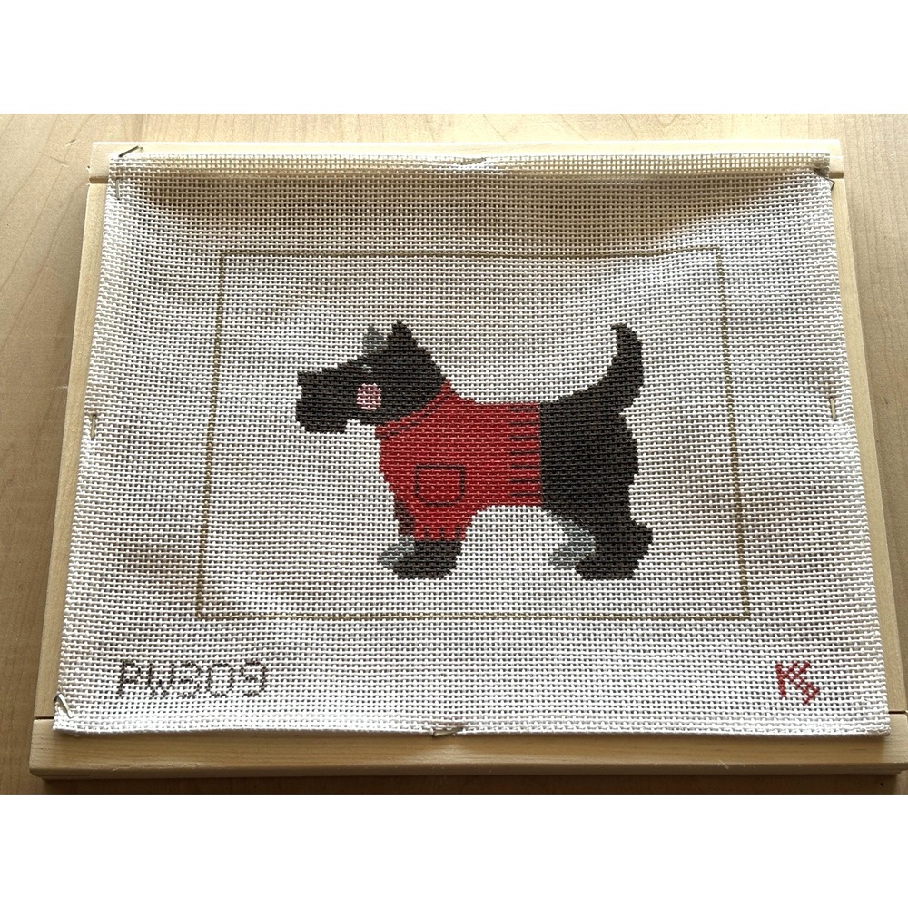 Needlepoint Canvas Handpainted Scottie in Red Sweater KS Wood Frame 14 Pt 11 x 9